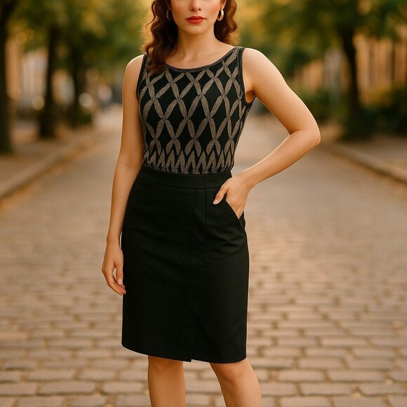 TED BAKER Tiornas Ottoman Black Wool Tuxedo Skirt 2 US 6 Pencil Minimalist